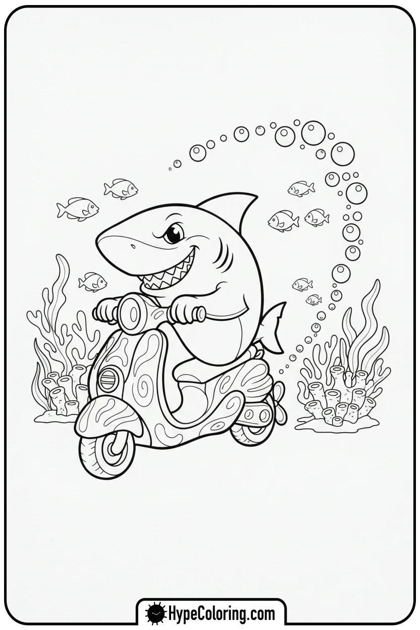 Click to download PDF shark-driving-underwater-scooter - shark coloring page