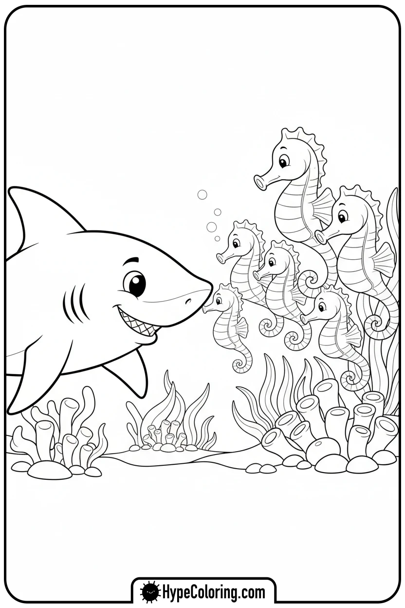 Click to download PDF shark-helping-seahorse - shark coloring page