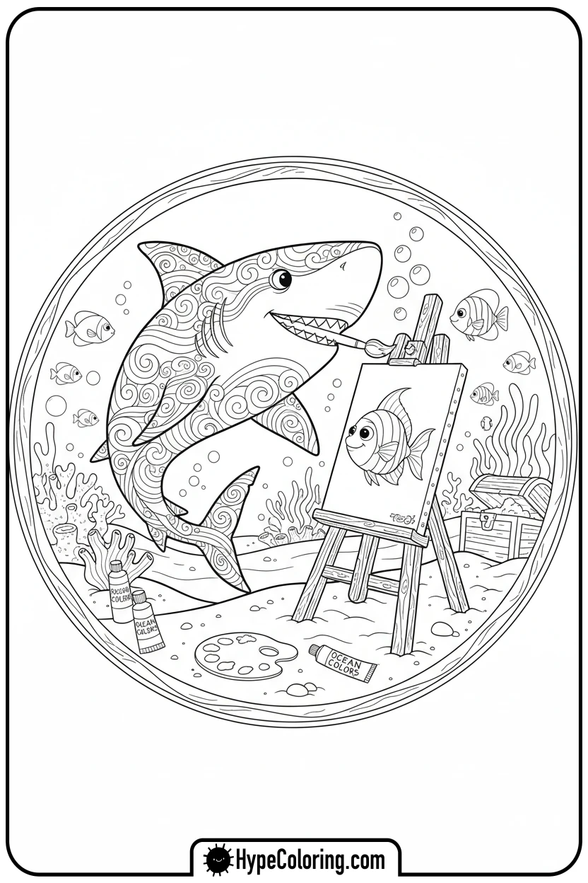 Click to download PDF shark-painting-a-fish - shark coloring page