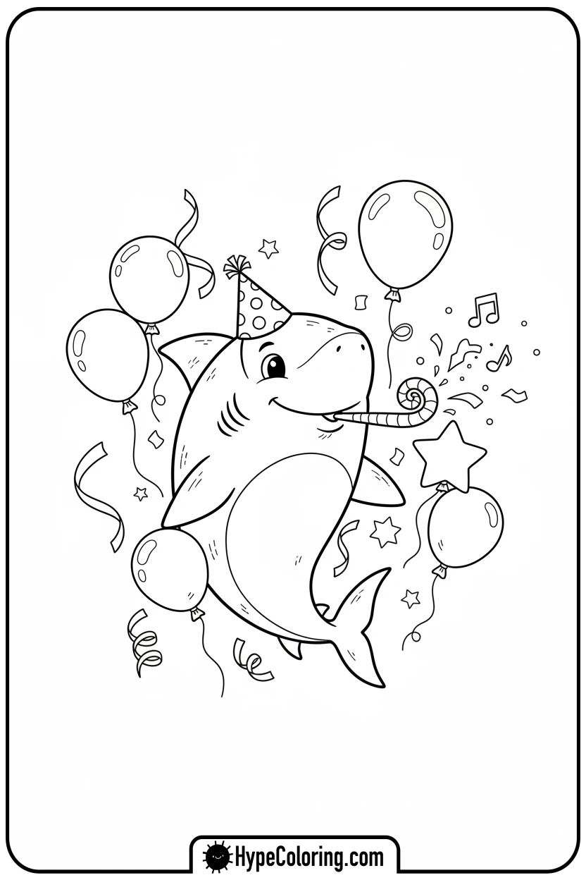 Click to download PDF party-shark-with-party-hat - shark coloring page