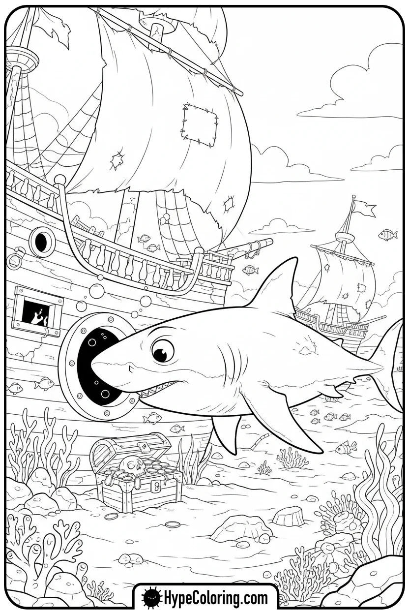 Click to download PDF shark-exploring-pirate-ship - shark coloring page