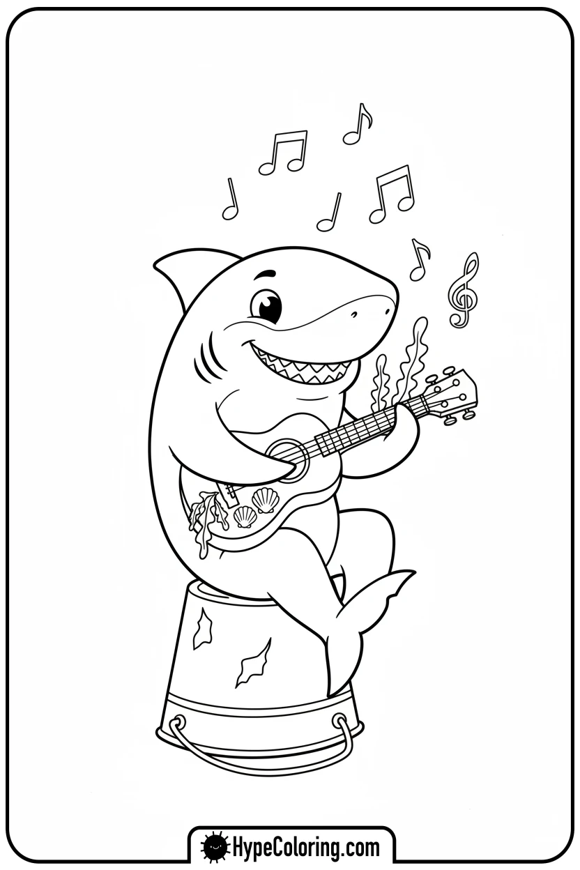 Click to download PDF shark-playing-ukulele - shark coloring page