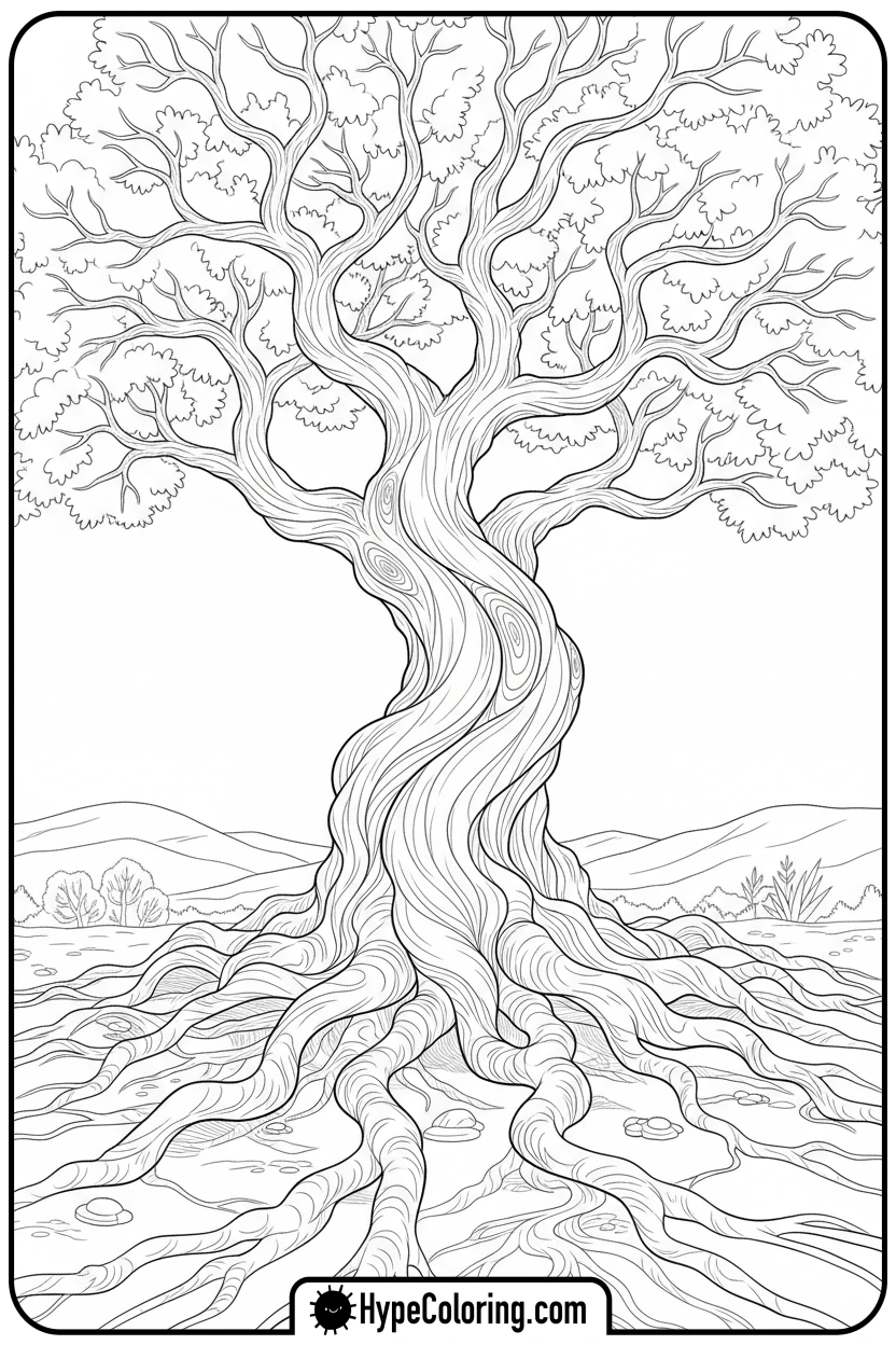old-tree-with-roots - tree coloring pages