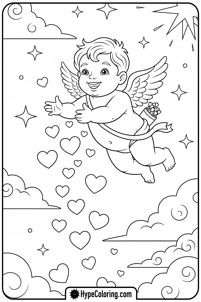 cupid-dropping-heart-confetti - valentine s day coloring pages