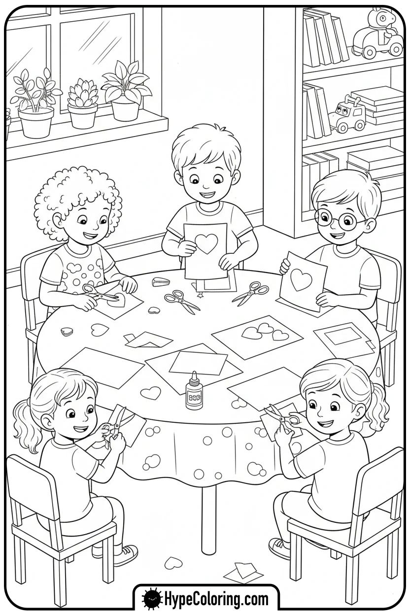 children-making-heart-crafts - valentine s day coloring pages