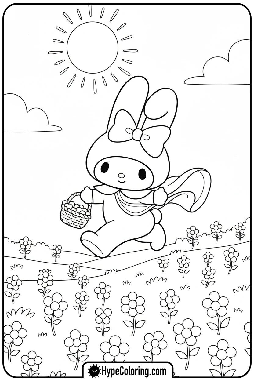 my-melody-skipping-in-flower-field - sanrio coloring pages
