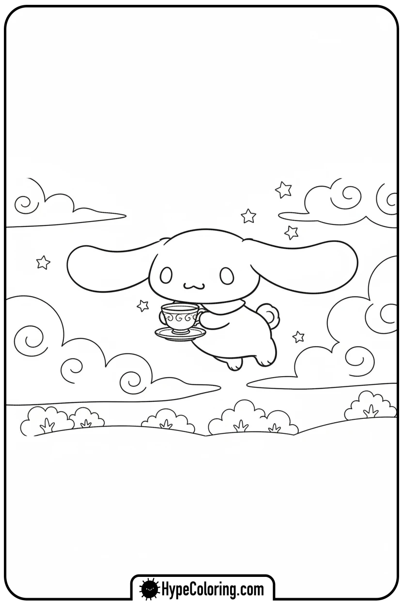 cinnamoroll-flying-with-teacup - sanrio coloring pages