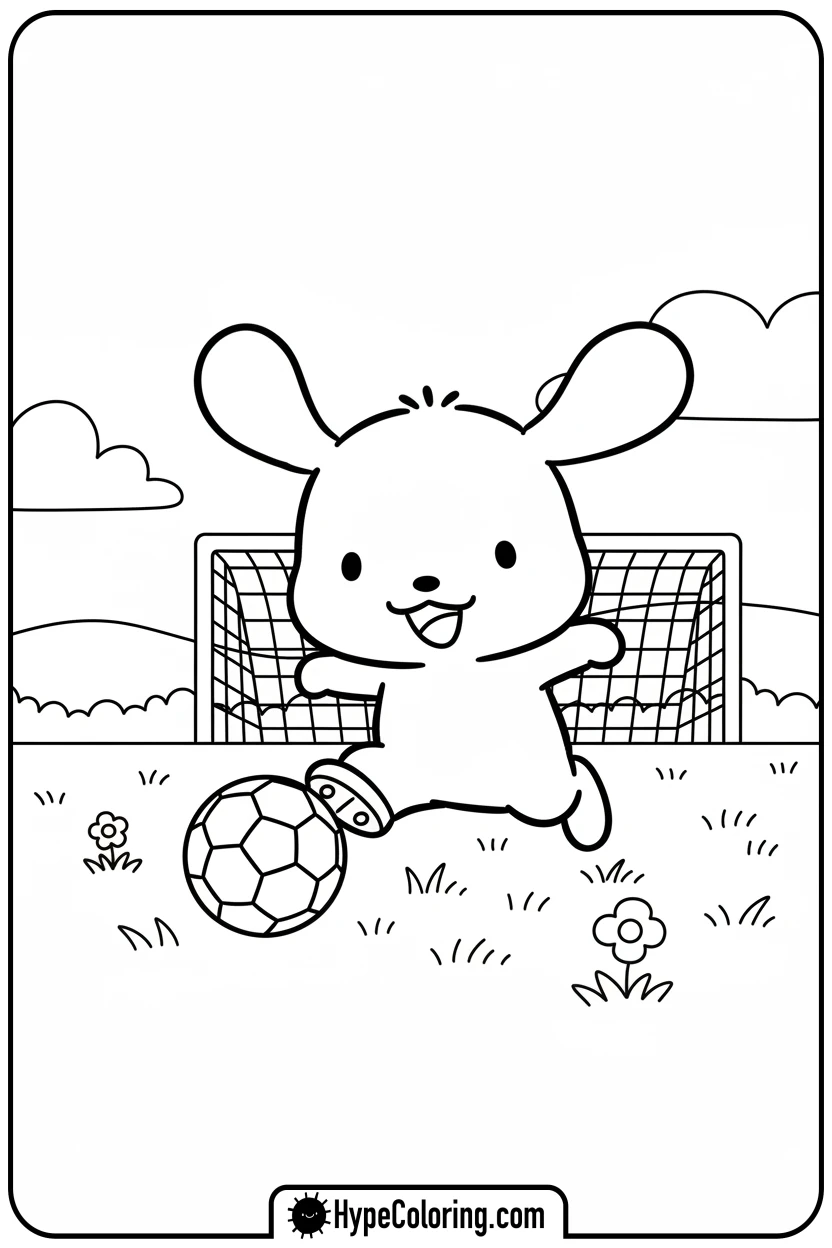 pochacco-playing-soccer - sanrio coloring pages