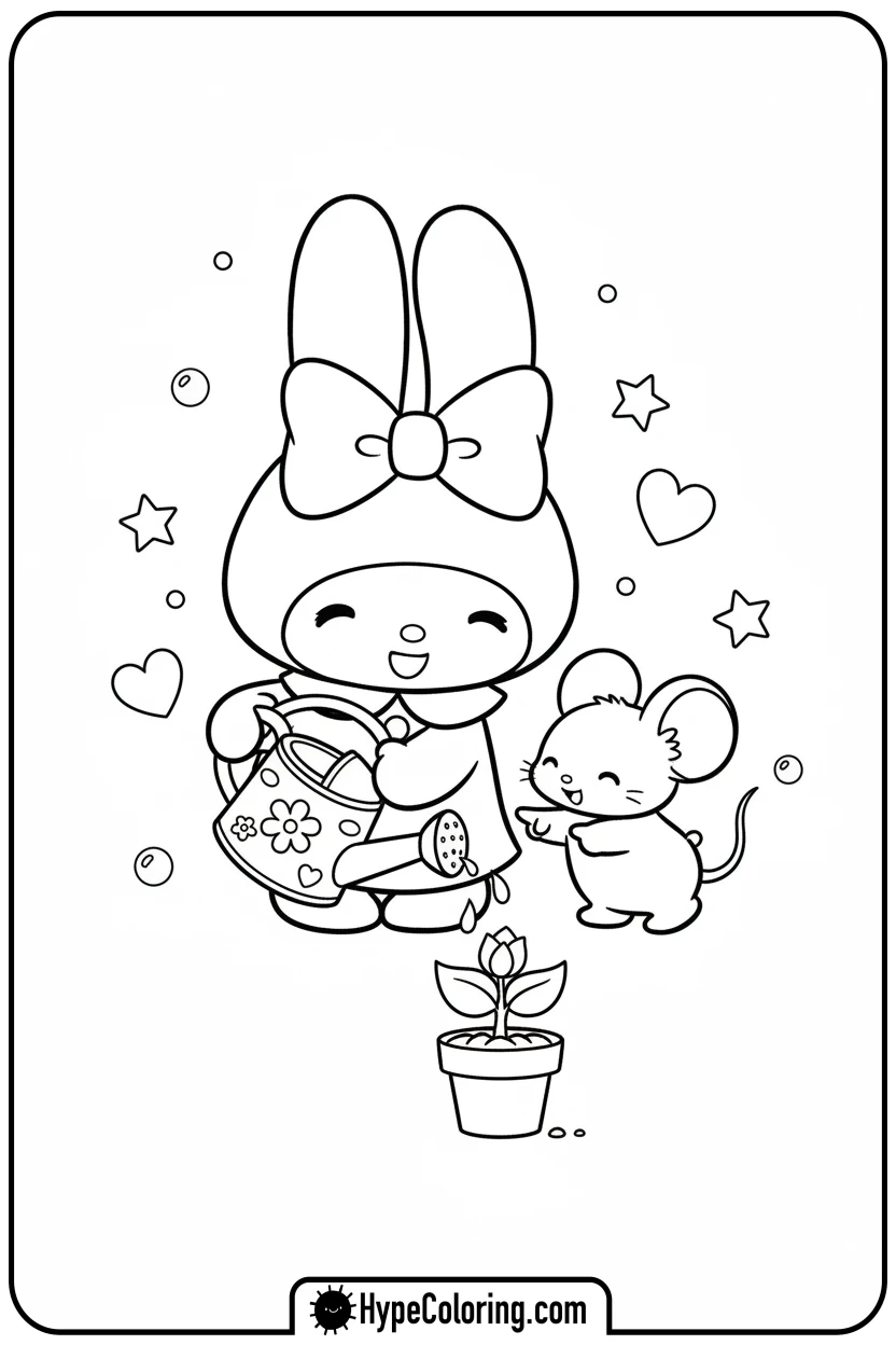 my-melody-watering-plant - sanrio coloring pages