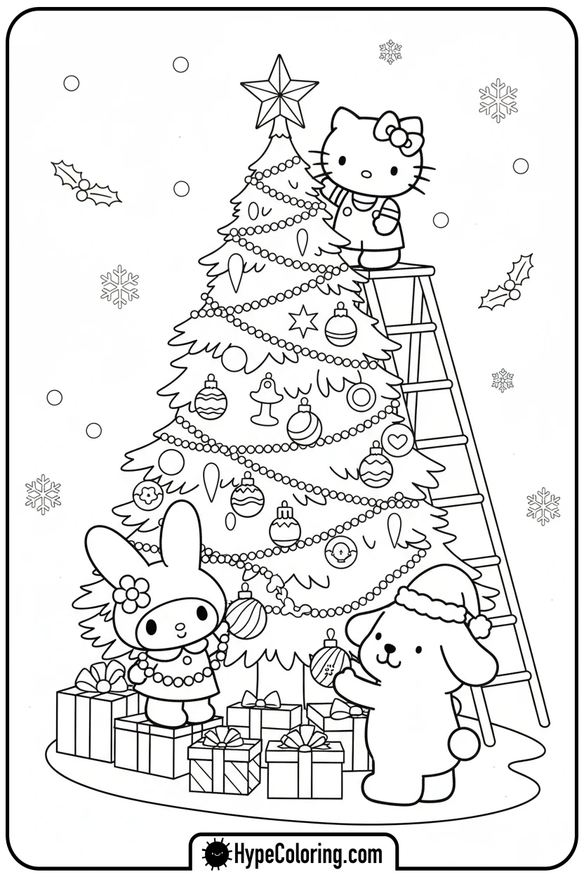 sanrio-friends-decorating-tree - sanrio coloring pages