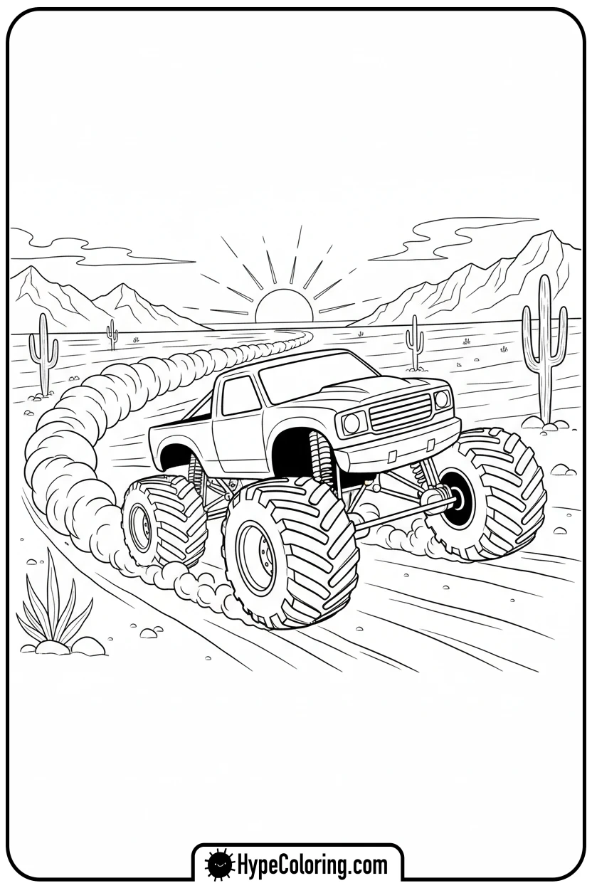 monster-truck-racing-in-desert - monster truck coloring page