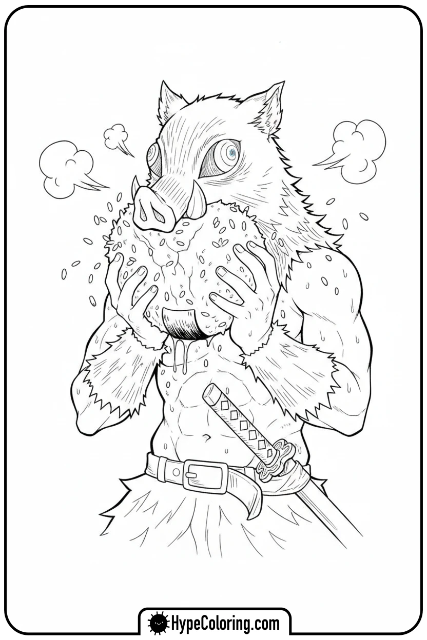 inosuke-eating-with-mask - demon slayer coloring pages