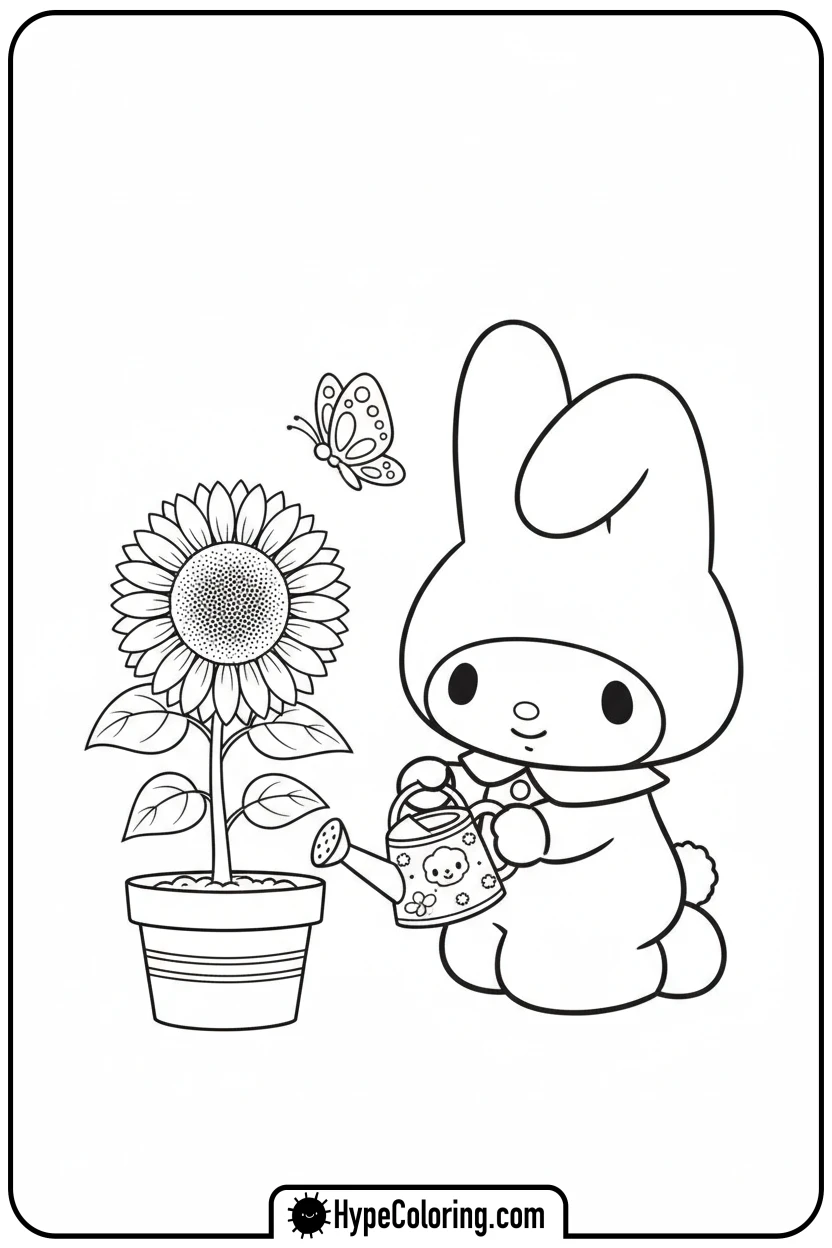 Click to download PDF my-melody-watering-sunflower - my melody coloring pages