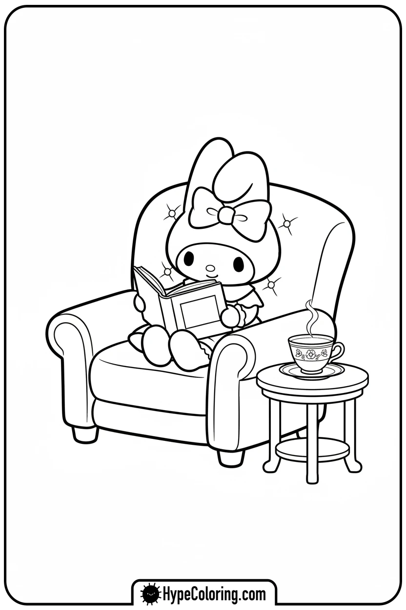 Click to download PDF my-melody-reading-in-armchair - my melody coloring pages