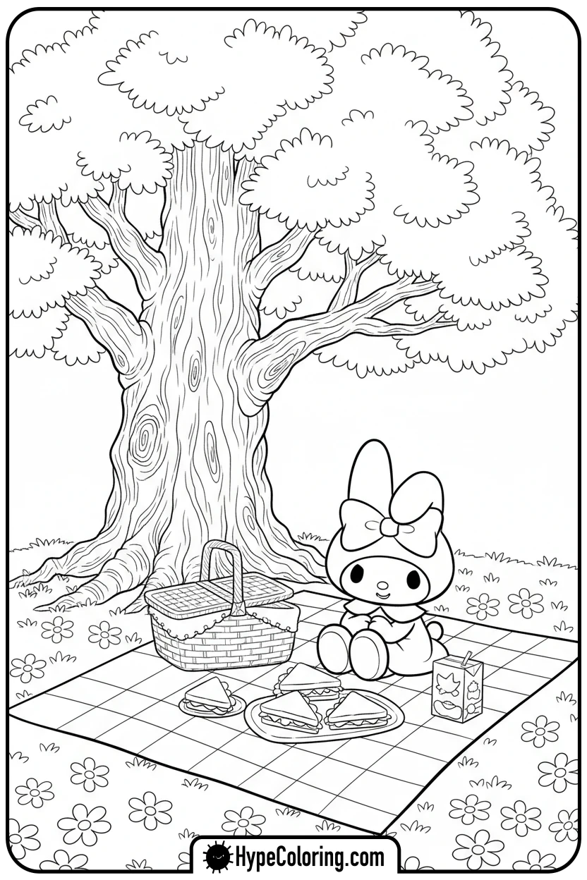 Click to download PDF my-melody-picnic-under-tree - my melody coloring pages
