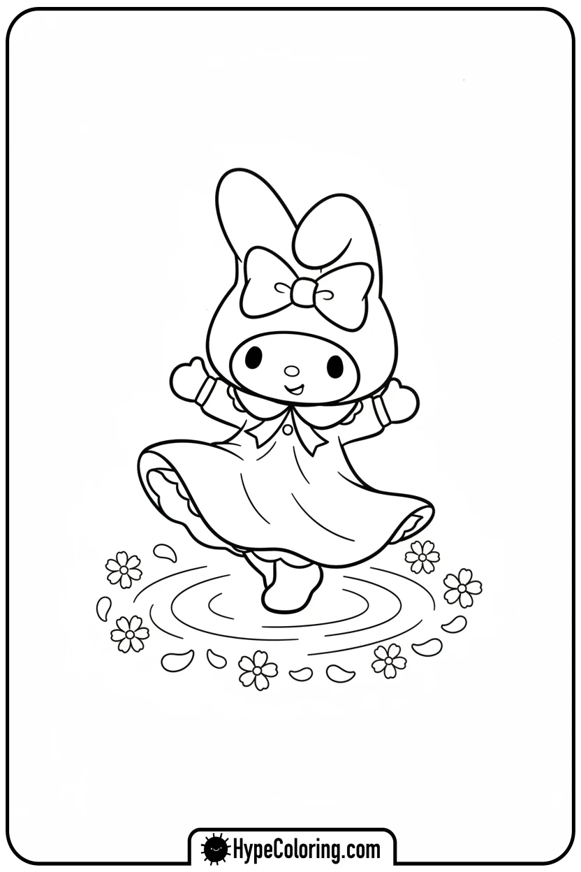 Click to download PDF my-melody-dancing-with-petals - my melody coloring pages