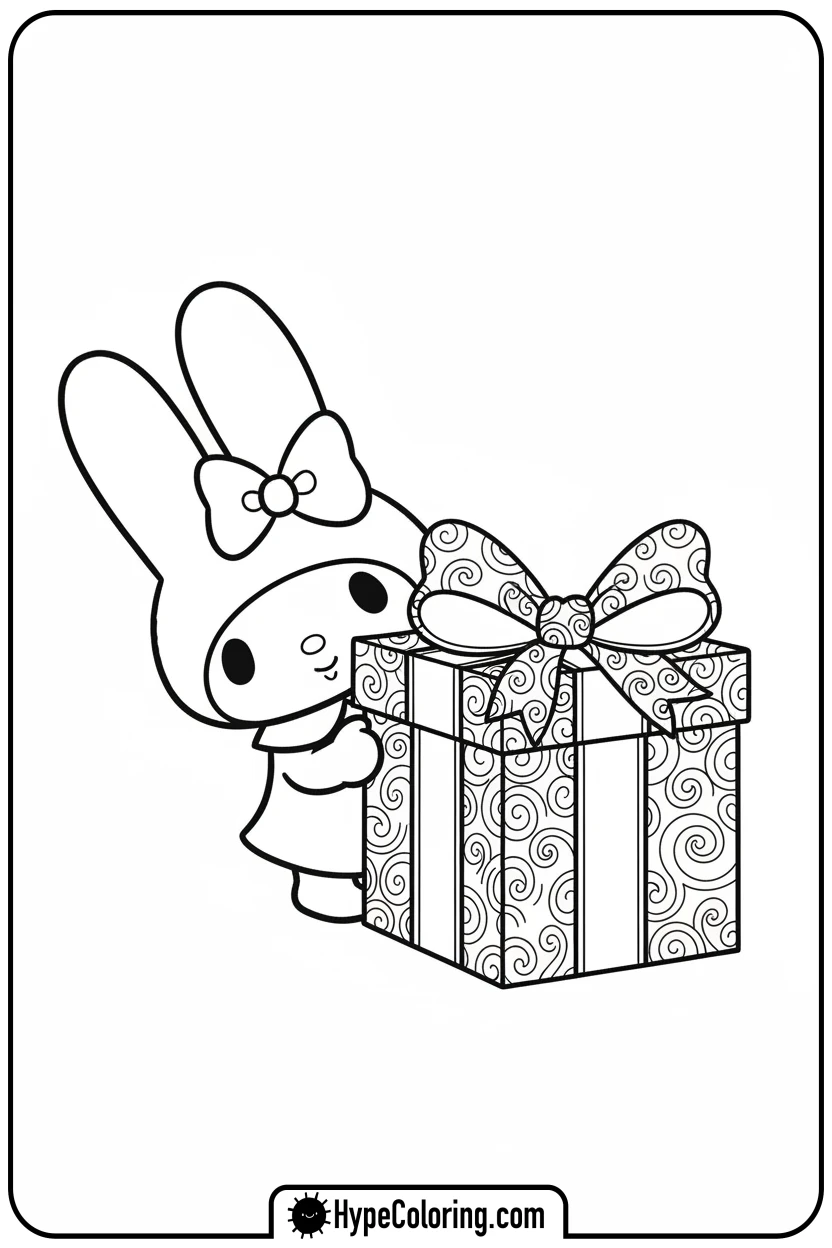 Click to download PDF my-melody-peeking-from-gift-box - my melody coloring pages