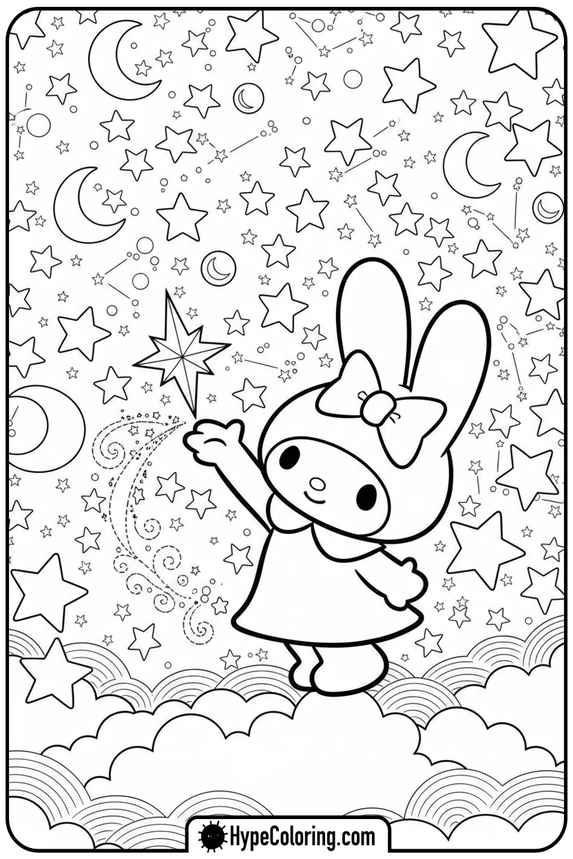 Click to download PDF my-melody-catching-a-falling-star - my melody coloring pages