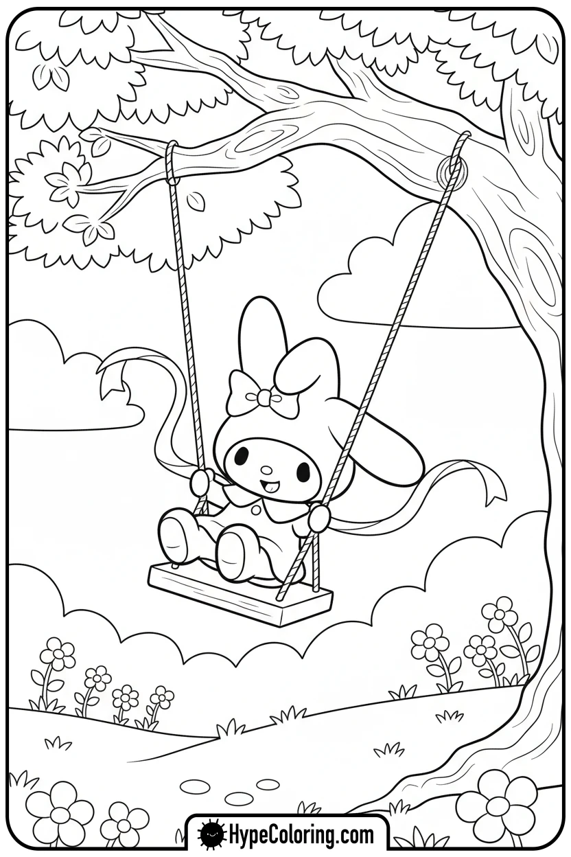 Click to download PDF my-melody-on-a-tire-swing - my melody coloring pages