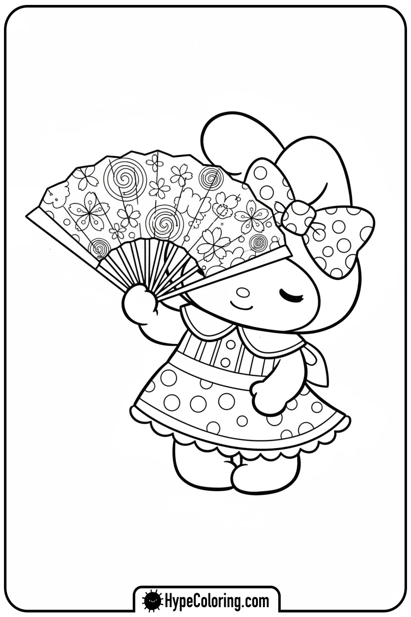 Click to download PDF my-melody-holding-a-paper-fan - my melody coloring pages