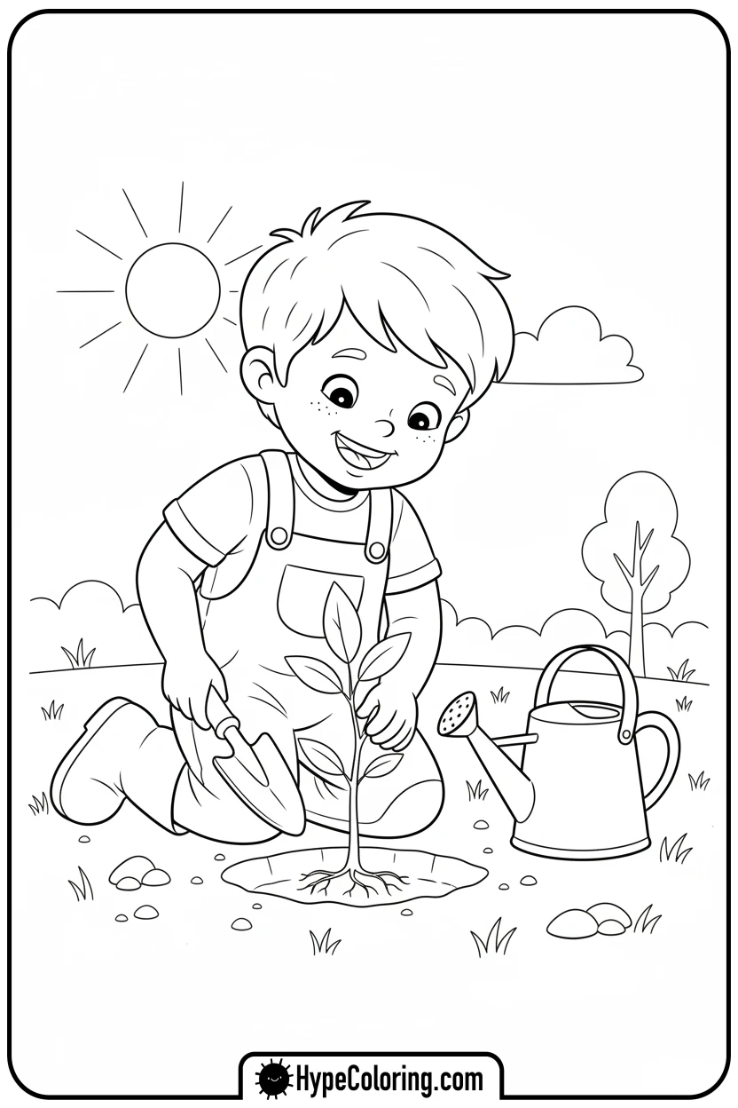 child-planting-a-tree - earth day coloring pages