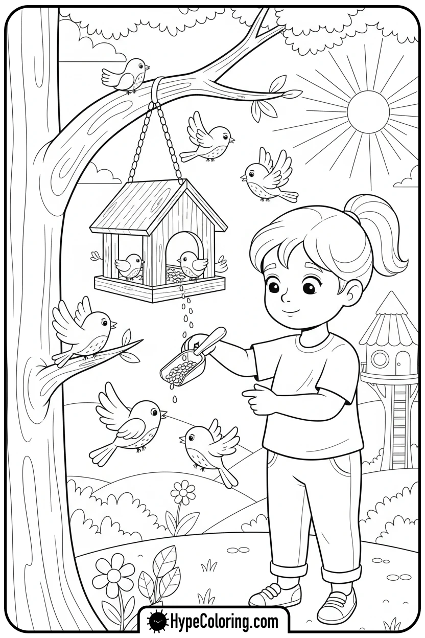 child-refilling-bird-feeder - earth day coloring pages