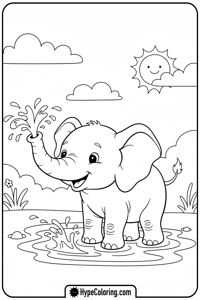 baby-elephant-splashing - cute animals coloring pages