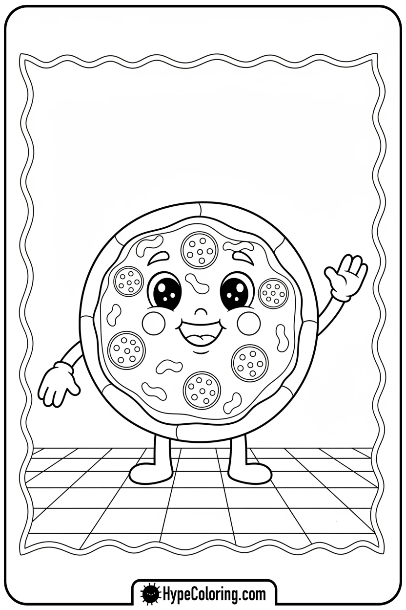 Click to download PDF friendly-pizza-waving - pizza coloring pages