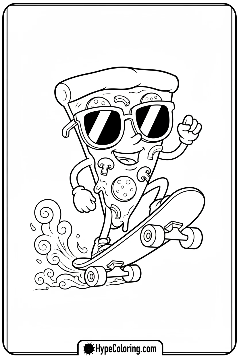 Click to download PDF pizza-slice-skateboarding - pizza coloring pages