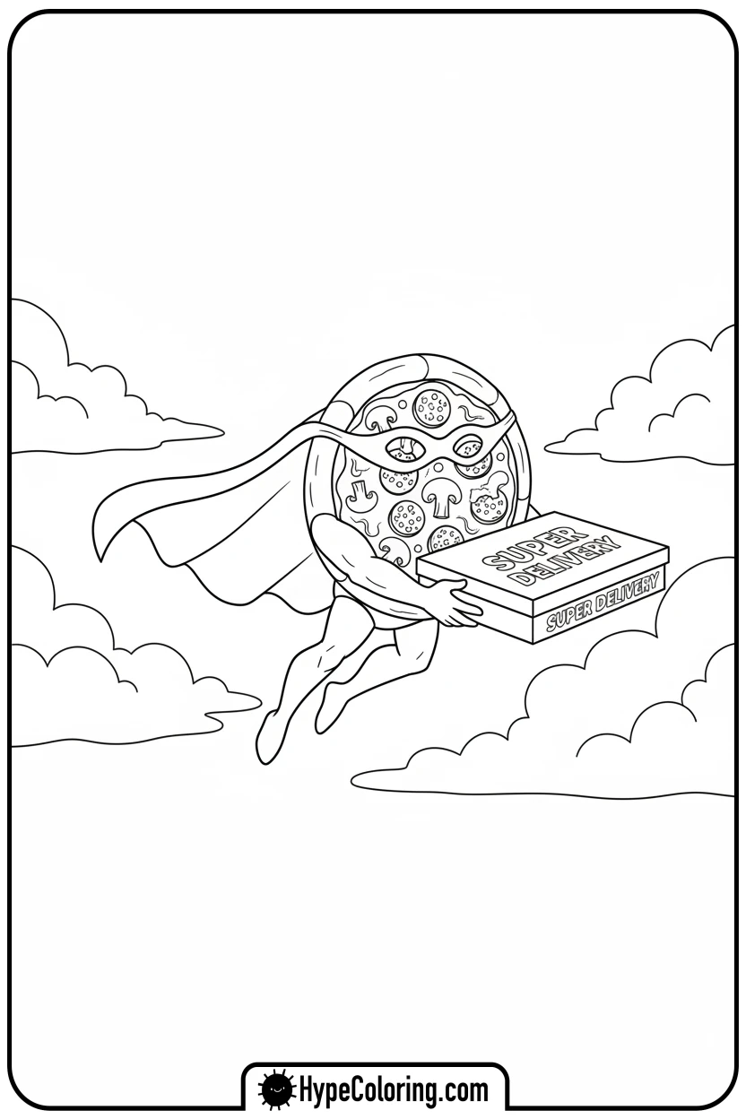 Click to download PDF pizza-superhero-flying - pizza coloring pages