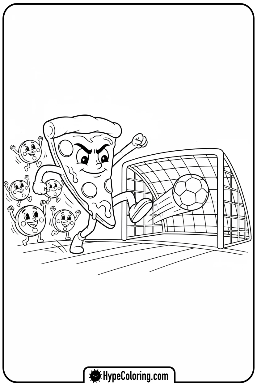 Click to download PDF pizza-slice-playing-soccer - pizza coloring pages