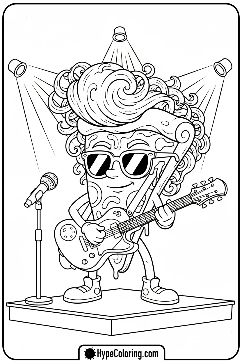 Click to download PDF pizza-slice-playing-guitar - pizza coloring pages