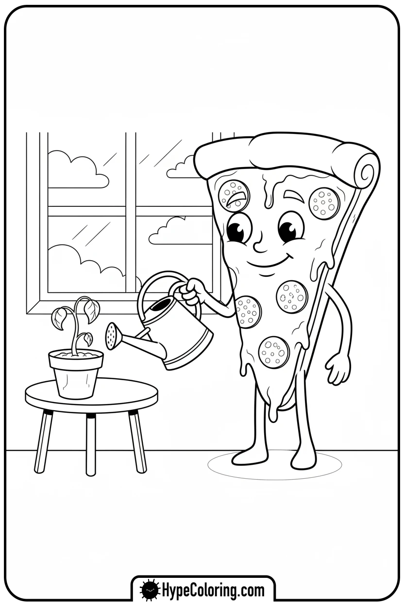 Click to download PDF pizza-watering-plant - pizza coloring pages