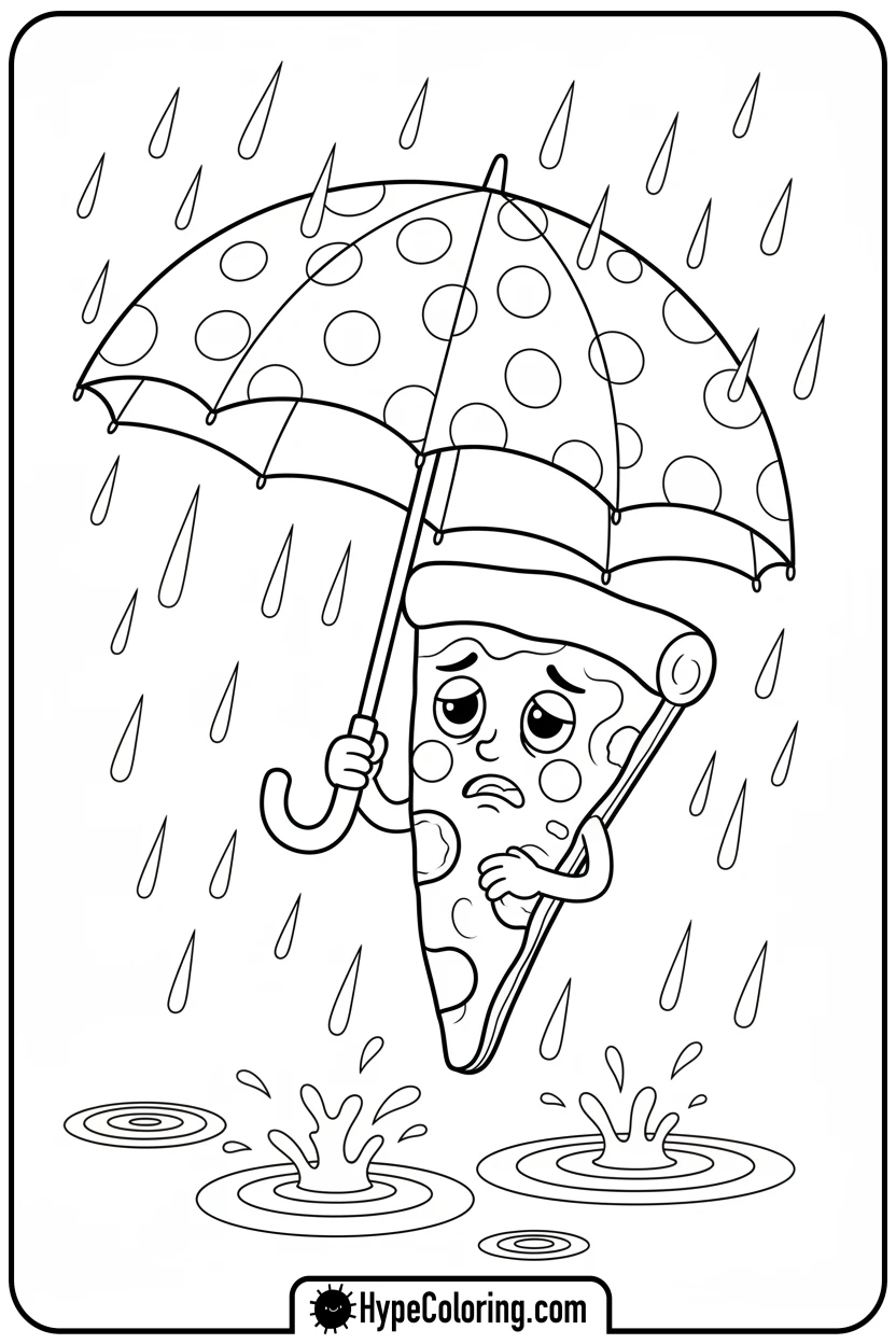 Click to download PDF pizza-in-rain-with-umbrella - pizza coloring pages