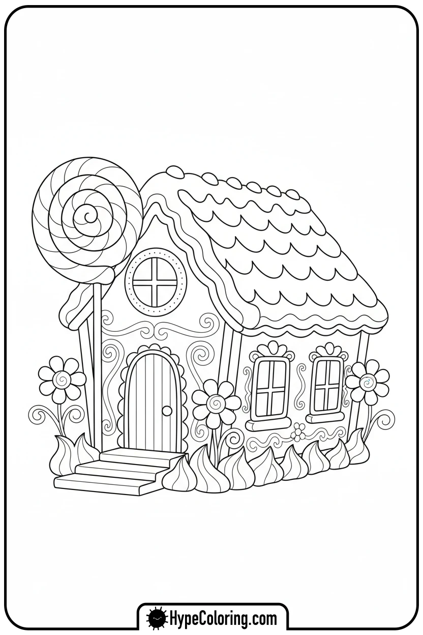 gingerbread-house-giant-lollipop - gingerbread house coloring page
