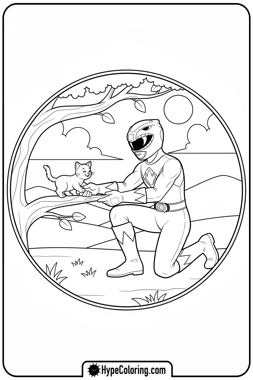 yellow-ranger-helping-kitten - power rangers coloring pages