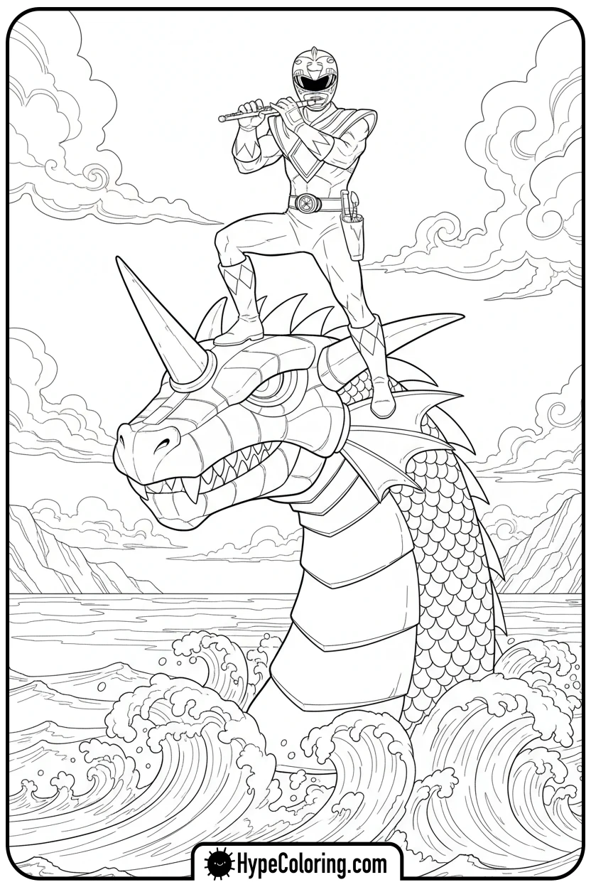 green-ranger-on-dragonzord - power rangers coloring pages
