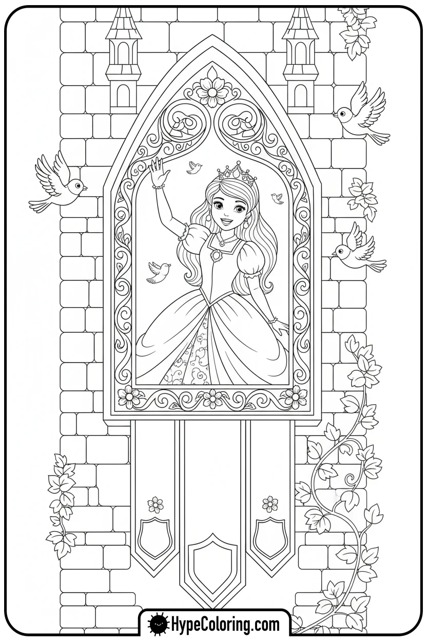 princess-waving-from-castle - castle coloring pages