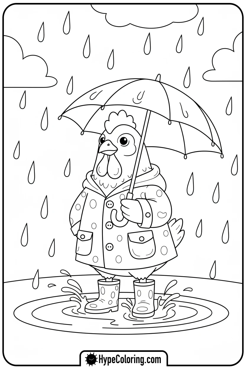 chicken-in-rain-with-umbrella - chicken coloring pages