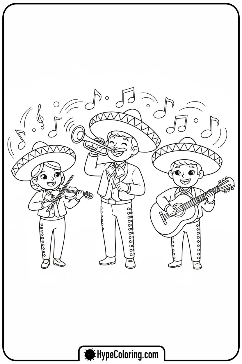 Click to download PDF mariachi-band-playing-instruments - cinco de mayo coloring pages