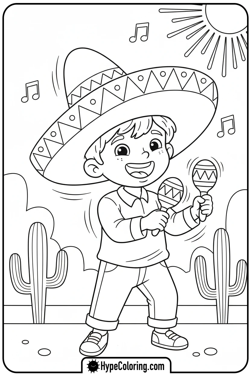 Click to download PDF boy-with-sombrero-and-maracas - cinco de mayo coloring pages