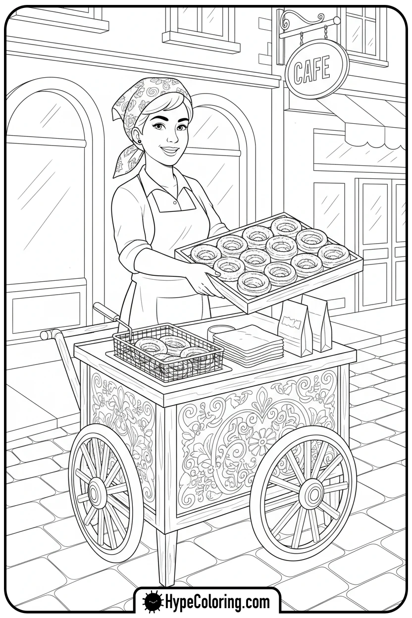Click to download PDF churro-vendor-cart - cinco de mayo coloring pages