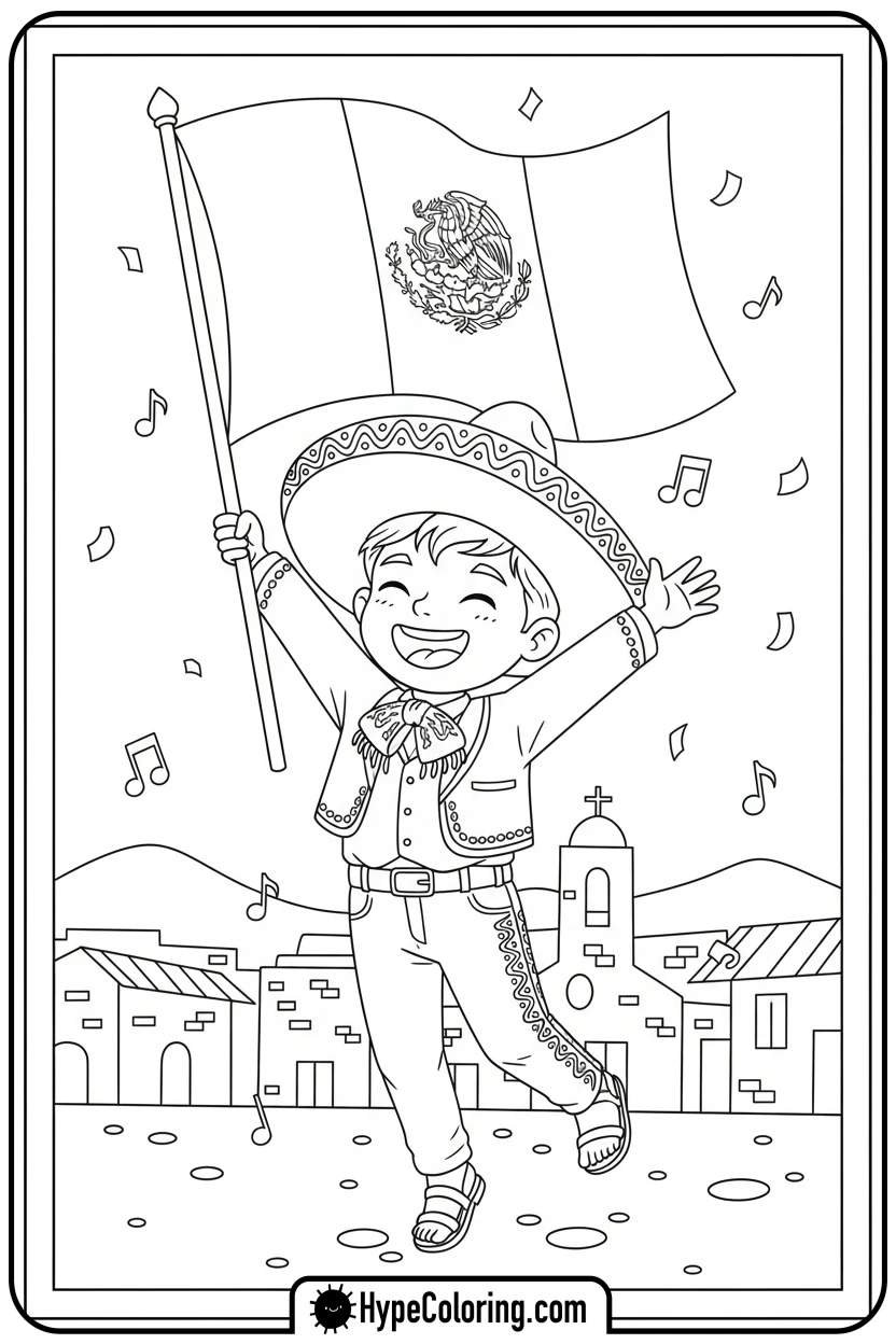 Click to download PDF child-waving-mexican-flag - cinco de mayo coloring pages
