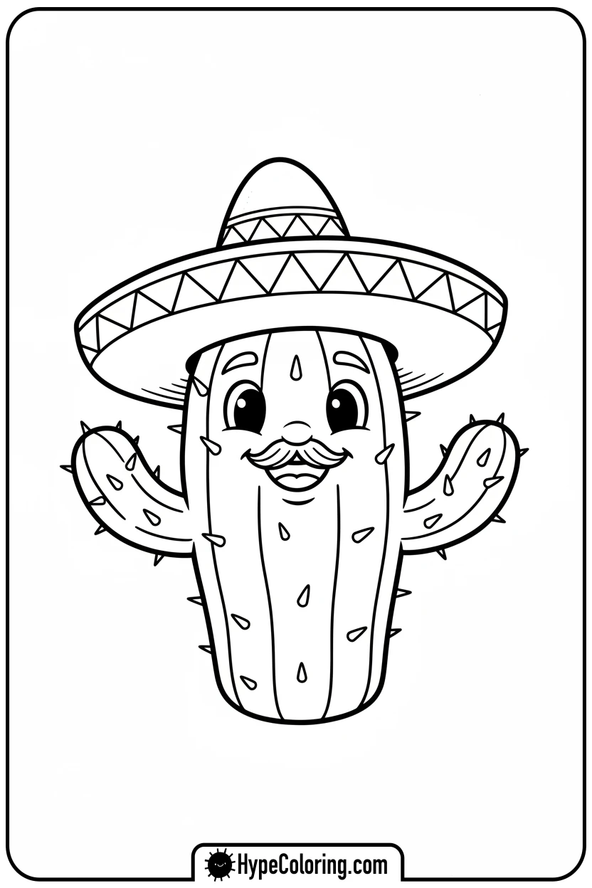 Click to download PDF smiling-cactus-with-sombrero - cinco de mayo coloring pages