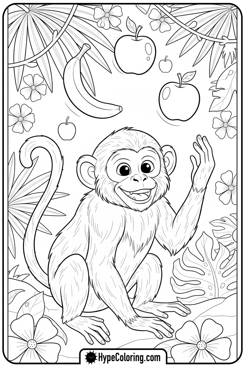 monkey-juggling-fruits - coloring monkey pages
