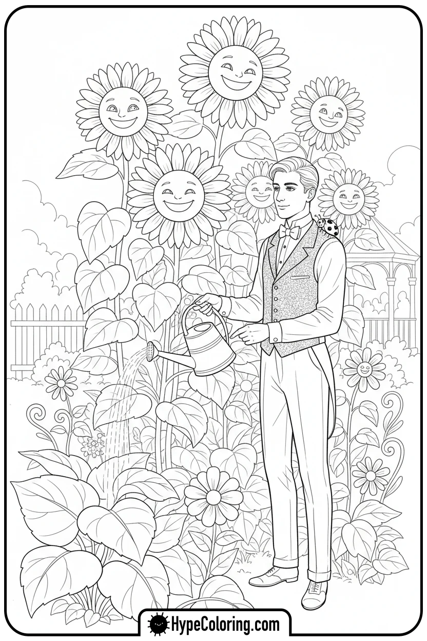dandy-watering-sunflowers - dandy's world coloring page
