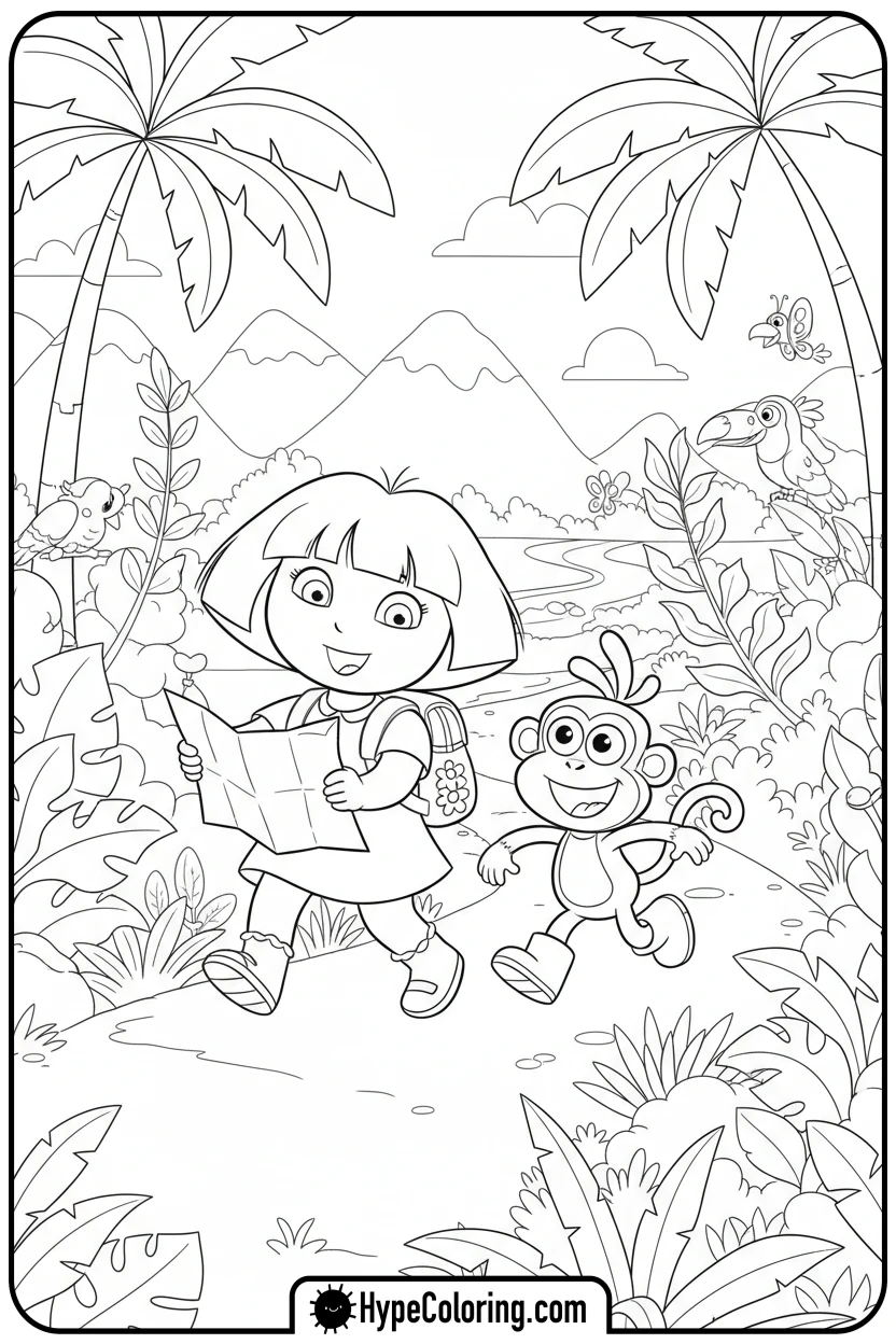 Click to download PDF dora-and-boots-walking-with-map - dora the explorer coloring pages