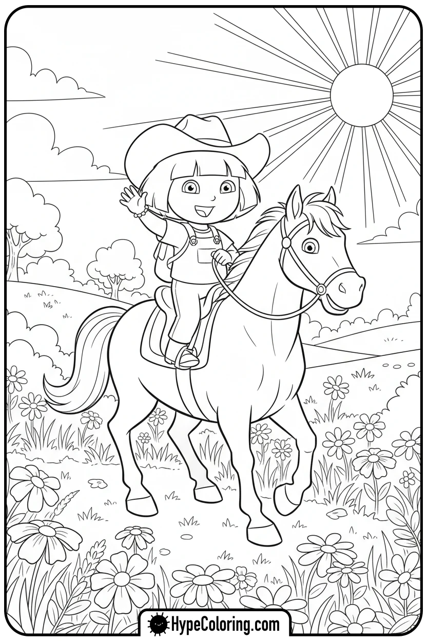 Click to download PDF dora-riding-horse-in-meadow - dora the explorer coloring pages