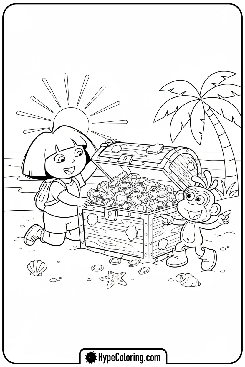 Click to download PDF dora-and-boots-finding-treasure-chest - dora the explorer coloring pages