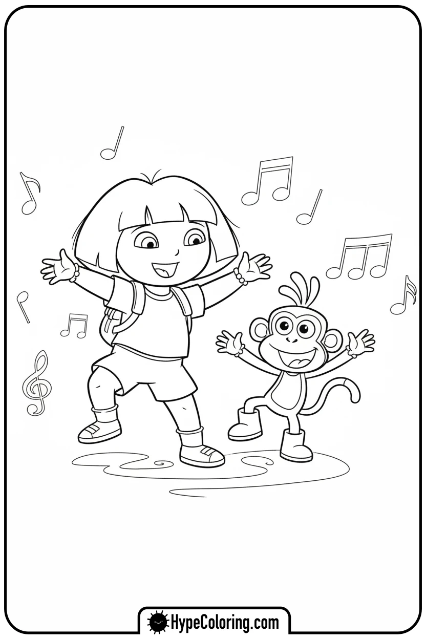 Click to download PDF dora-and-boots-dancing-happily - dora the explorer coloring pages